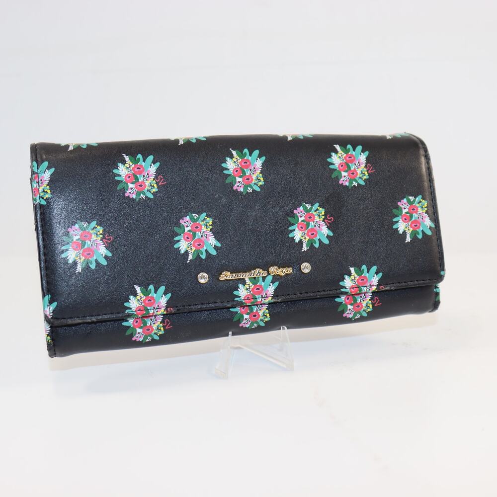 Samantha Vega Black Floral Vegan Leather Wallet – Bifold‎ with Wear at Edges